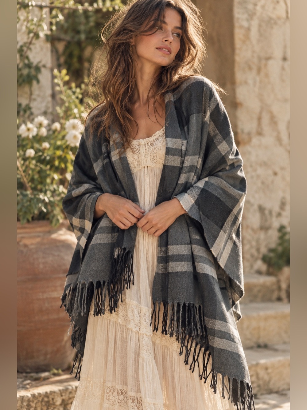 Doen-style checkered, plaid blanket scarf. Trending, plaid, big plaid, wrap,